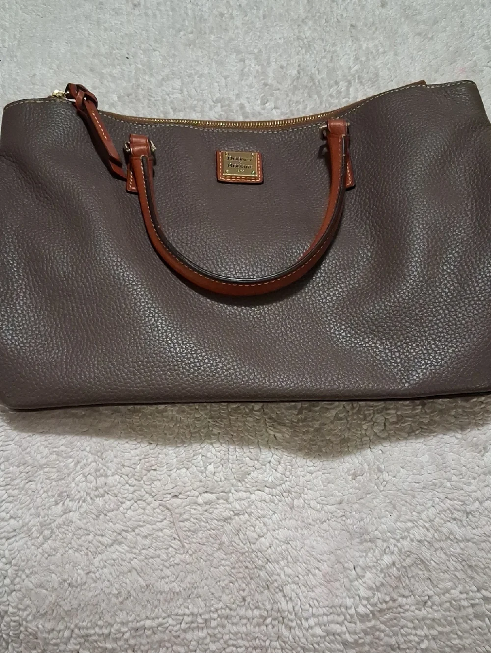 Dooney & Bourke Brown Pebble Leather Tote with Tan Trim - Picture 1 of 15